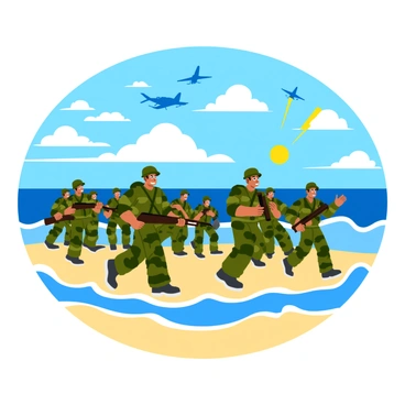 A group of soldiers in camouflage uniforms storming a sandy beach, with waves crashing around them. The soldiers are carrying rifles and displaying various expressions of determination and focus. Above them, a dramatic sky filled with different types of aircraft, including fighter jets and helicopters, flying in formation. The scene captures the intensity of the moment, with clouds framing the aircraft and sun rays breaking through, illuminating the beach and the soldiers below.