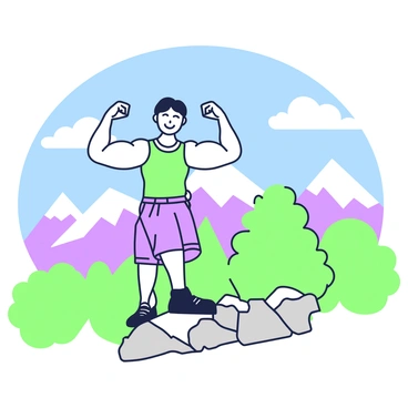 A person flexing biceps while hiking in a beautiful mountain setting