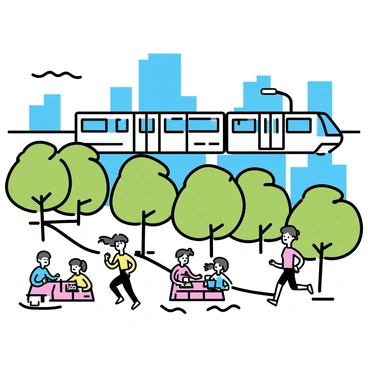 A slender monorail, painted in sleek white and blue, glides smoothly above a vibrant city park. Below, a diverse group of picnickers is spread out on checkered blankets, enjoying their meals under the shade of tall green trees. Nearby, several joggers in colorful athletic wear are running along a winding path. In the background, the outlines of modern skyscrapers rise against a clear blue sky, completing the lively urban scene.