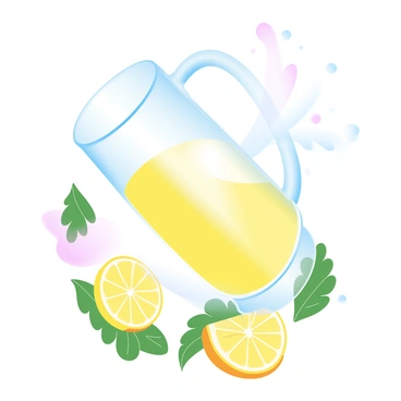 A pitcher filled with lemonade is tilted, pouring the bright yellow liquid into a clear glass. The lemonade is splashing, creating droplets that catch the light. Surrounding the pitcher and glass are slices of lemon and refreshing green mint leaves. The background features a gradient of pastel colors that harmonize with the vibrant lemonade.