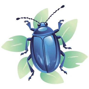 A close-up view of a metallic blue scarab beetle is displayed prominently in the center of the image. The beetle's body is glistening with rich, deep blue hues, reflecting light in a striking manner. Intricate details of its wings are visible, showcasing delicate patterns and textures that enhance its natural beauty. The beetle's compound eyes are large and expressive, capturing the viewer's attention. Surrounding the beetle are softly blurred green leaves, providing a natural habitat context that complements the vivid colors of the scarab.