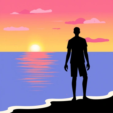 A silhouette of a person standing at the edge of the ocean. The person is facing towards the horizon, with arms slightly extended. The ocean waves are gently lapping at their feet. In the background, the sun is setting, painting the sky with vibrant hues of orange, pink, and purple. The reflection of the colorful sky shimmers on the surface of the water. Silhouetted clouds float gently above the horizon.