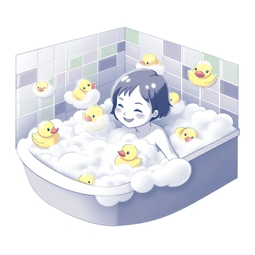 A girl with short hair is immersed in a bubble bath. The bathtub is filled with frothy white bubbles that create a playful atmosphere. Around the bathroom, several rubber duckies float on top of the bubbles, adding a whimsical touch. The girl has a joyful expression on her face as she plays with the bubbles, her hands gently swishing through the foam. The bathroom is decorated with colorful tiles and has a cheerful ambiance.