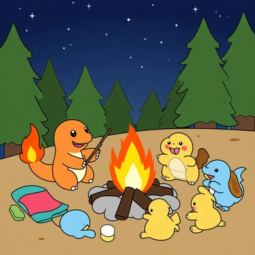 A small orange Charmander with a flame on its tail is sitting next to a lively campfire. The campfire has bright orange and yellow flames, casting a warm glow. Charmander is holding a long, thin stick with a marshmallow at the end, positioned over the fire, looking excited. Around the campfire, a group of small, cartoon-like Pokémon friends are gathered, including a blue Squirtle and a yellow Pikachu, all smiling and chatting. The night sky is visible above, sprinkled with twinkling stars, and there are tall green trees in the background. Various camping gear, such as a colorful blanket and a backpack, are scattered around.