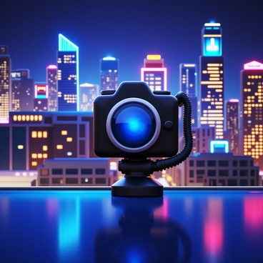 A camera positioned on a rooftop, pointing towards a city skyline illuminated by vibrant lights. The skyline showcases a variety of tall buildings, each adorned with colorful lights shining brightly against the night sky. The camera is angled to capture the essence of the bustling city below, with reflections of the lights glimmering on nearby glass surfaces. The scene is filled with a mix of modern architecture and illuminated advertisements, creating a lively urban atmosphere.