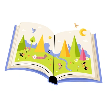 An open storybook with a colorful cover featuring a whimsical design. The pages are filled with intricate illustrations showing a magical forest, with tall, vibrant trees in various shades of green and colorful flowers scattered throughout. Small, fantastical creatures, such as fairies with sparkling wings and playful animals, inhabit the forest. A gentle stream flows through the scene, reflecting the sunlight that filters through the leaves. Butterflies with delicate patterns flutter above the pages, enhancing the enchanting atmosphere of the illustrations.