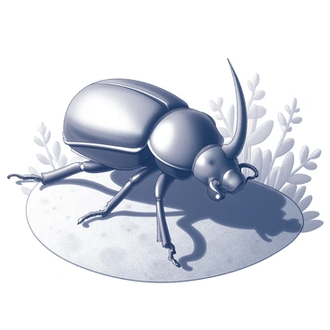 A Hercules beetle with a large, prominent horn is positioned on a textured surface. The beetle's body features distinct curves and details that highlight its robust form. As the afternoon sun shines down, it casts intricate shadows on the ground beneath it, showcasing the dramatic outlines and patterns created by its unique shape. The surrounding area is filled with natural elements that complement the beetle's presence, enhancing the overall composition of the scene.