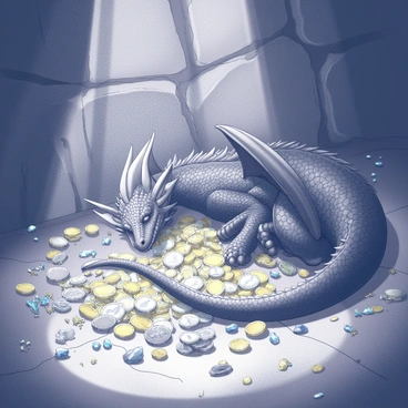A large, cavernous lair with rugged stone walls, illuminated by the soft glow of a few scattered gemstones. In the center, there is a massive pile of gold and silver coins, shining brightly amidst the darkness. Various treasures, including ornate jewelry and ancient artifacts, are scattered throughout the lair. A sleeping dragon, with intricate scales and large, curled wings, is nestled protectively around the treasure. The dragon's head rests on its forelimbs, and its eyes are closed, conveying a sense of deep slumber. The atmosphere is tense, filled with a sense of guarding presence that the dragon exudes over its hoard.