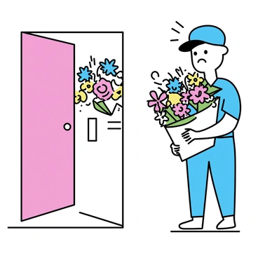 A delivery person standing at a front door, holding a large bouquet of colorful birthday flowers. The delivery person is wearing a blue uniform and a cap, with a look of surprise on their face. The front door is painted a bright red, and there is a small welcome mat visible on the ground. The bouquet is filled with a variety of flowers in vibrant colors, including roses, daisies, and lilies, wrapped in decorative paper.