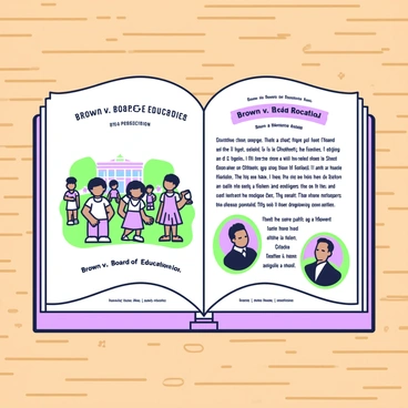 An open history book is displayed on a wooden table. The left page features an illustration of a diverse group of children standing together in a school yard, symbolizing unity. The children are depicted with different hairstyles and clothing styles, engaging in play. On the right page, there is a detailed text section discussing "Brown v. Board of Education" with a highlighted heading in bold. Alongside the text, there are small illustrations showing key figures involved in the case, such as a judge and a lawyer, along with images of a school building. The overall layout is organized, with clear sections for text and visuals.