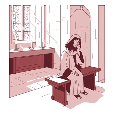 A saint is sitting on a wooden pew in a serene chapel, deep in reflection. Soft light pours through the stained glass windows, casting intricate patterns of colors onto the stone floor. The saint is dressed in simple robes, with a serene expression on their face, hands resting on their lap. Surrounding the saint are flickering candles on the altar, illuminating the space with a warm glow. The walls of the chapel are adorned with subtle carvings, adding a sense of history to the quiet atmosphere.