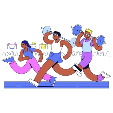 A group of athletes is seen in action on a vibrant sports field. One athlete is a sprinter with long legs and an athletic build, demonstrating speed as they race forward. Another athlete is a weightlifter, showcasing muscular arms and broad shoulders as they lift a heavy barbell above their head. A third athlete, a long jumper, is captured mid-air, displaying their powerful leg muscles and an intense focus on their face. Each athlete has distinct physical traits, such as varying skin tones, hair colors, and body types, reflecting the diversity of genetic alleles. The background features a cheering crowd, adding to the energetic atmosphere.