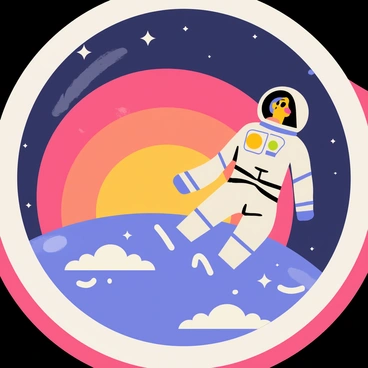 An astronaut in a white space suit floats inside a spacecraft, gazing out a large circular window. The sunset is vivid, with rich shades of orange, pink, and purple blending across the horizon of a blue Earth below. The curvature of the Earth is clearly visible, with white clouds scattered across the surface. Stars begin to twinkle against the deep blackness of space in the background, adding to the dramatic scene outside the window.