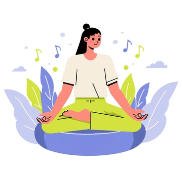 A person sitting cross-legged on a soft, round cushion is meditating in a digital environment. The individual has long black hair pulled back in a bun, wearing comfortable loose clothing. Surrounding the person are vibrant, swirling patterns of blue and green that form a calming atmosphere. Floating musical notes are depicted around the individual, representing soothing sounds in the air. The background features abstract shapes and gentle waves that create a tranquil yet dynamic visual experience.