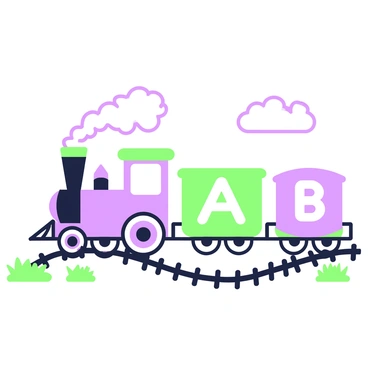 A toy train is traveling along a track, with colorful carriages shaped like the letters "A," "B," and "C." The locomotive is in front, clearly visible, with a small smokestack releasing puffs of smoke. The letter "A" is the first carriage, followed by "B" and then "C," each one distinct in shape. The track curves gently, and there are small sections of grass visible on either side. In the background, there are playful clouds in the sky.