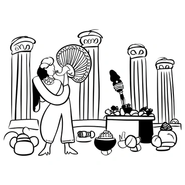 A priest in traditional robes standing outdoors, holding a conch shell to his lips. The conch shell is large and ornate, with detailed patterns carved into its surface. Surrounding the priest are stone pillars of a temple, adorned with intricate carvings. In the background, there are decorative elements like garlands and offerings set up on a table, indicating the preparation for a ceremony. The environment is filled with a sense of anticipation, with various items related to the ceremony arranged neatly on the ground.