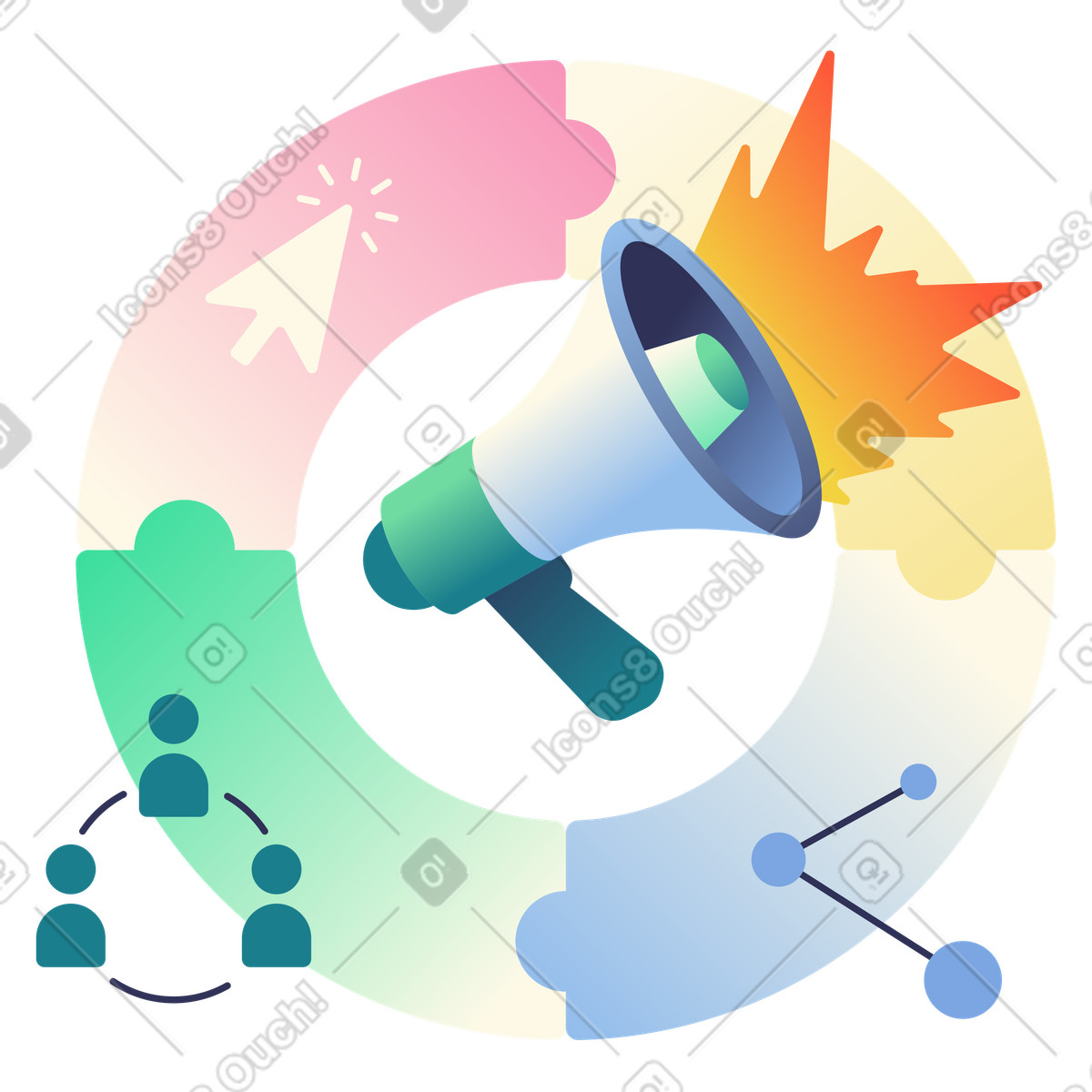 Megaphone in a loop with people and share nodes, Viral loop, marketing cycle illustration Beam style download PNG, SVG