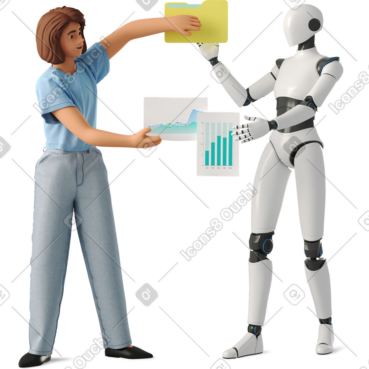 Robot ai e umani collaborano all'analisi, lavoro di squadra business intelligence illustrazione in stile 3D scarica in PNG, SVG