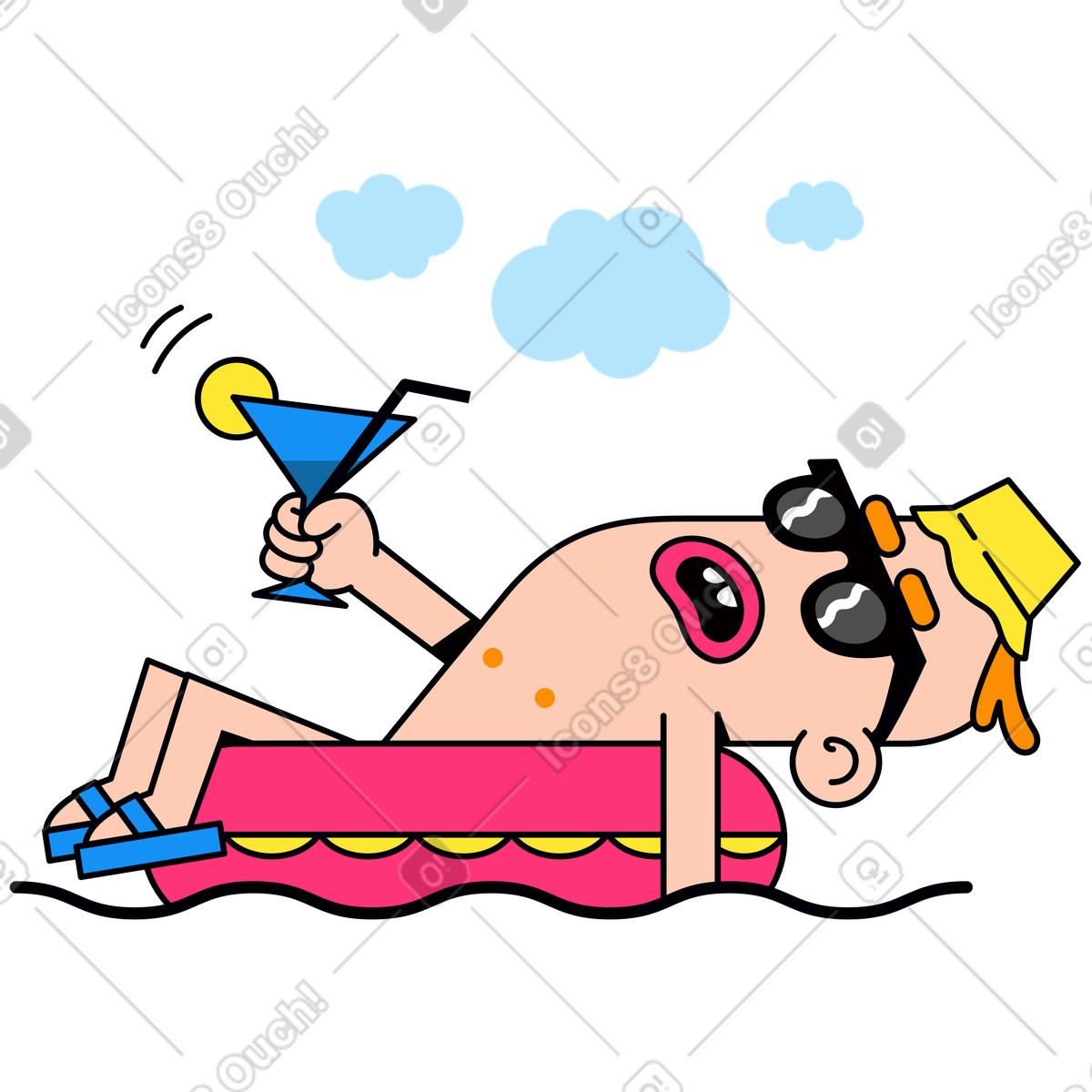 Relaxing man with a cocktail in his hands floats on donut illustration Droll style download PNG, SVG