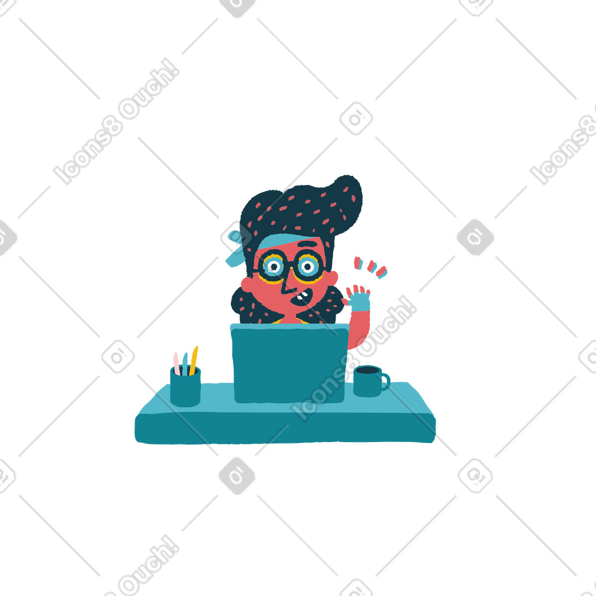 Ilustração de User waving at laptop on desk, Virtual meeting or sign-in concept em no estilo Flamenco para baixar em PNG, SVG