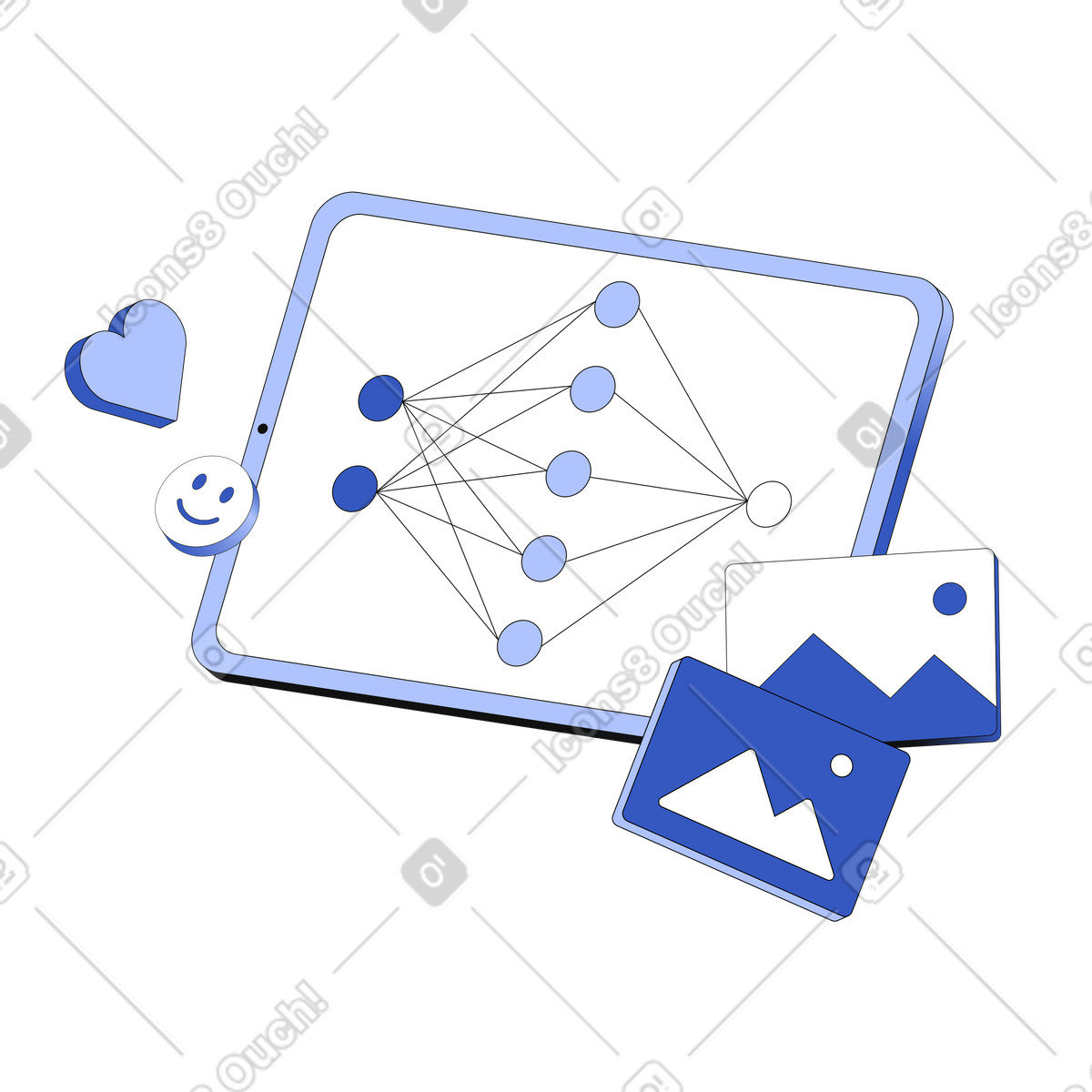 Tablet showing neural network diagram, AI generated art and image creation illustration in PNG, SVG