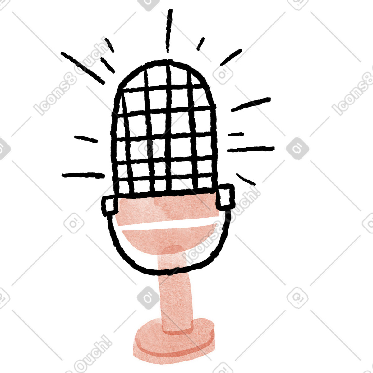 Ilustración Microphone retro stand with sound rays for podcast recording en estilo Anthropic Claude Hand Drawn a descargar en PNG y SVG