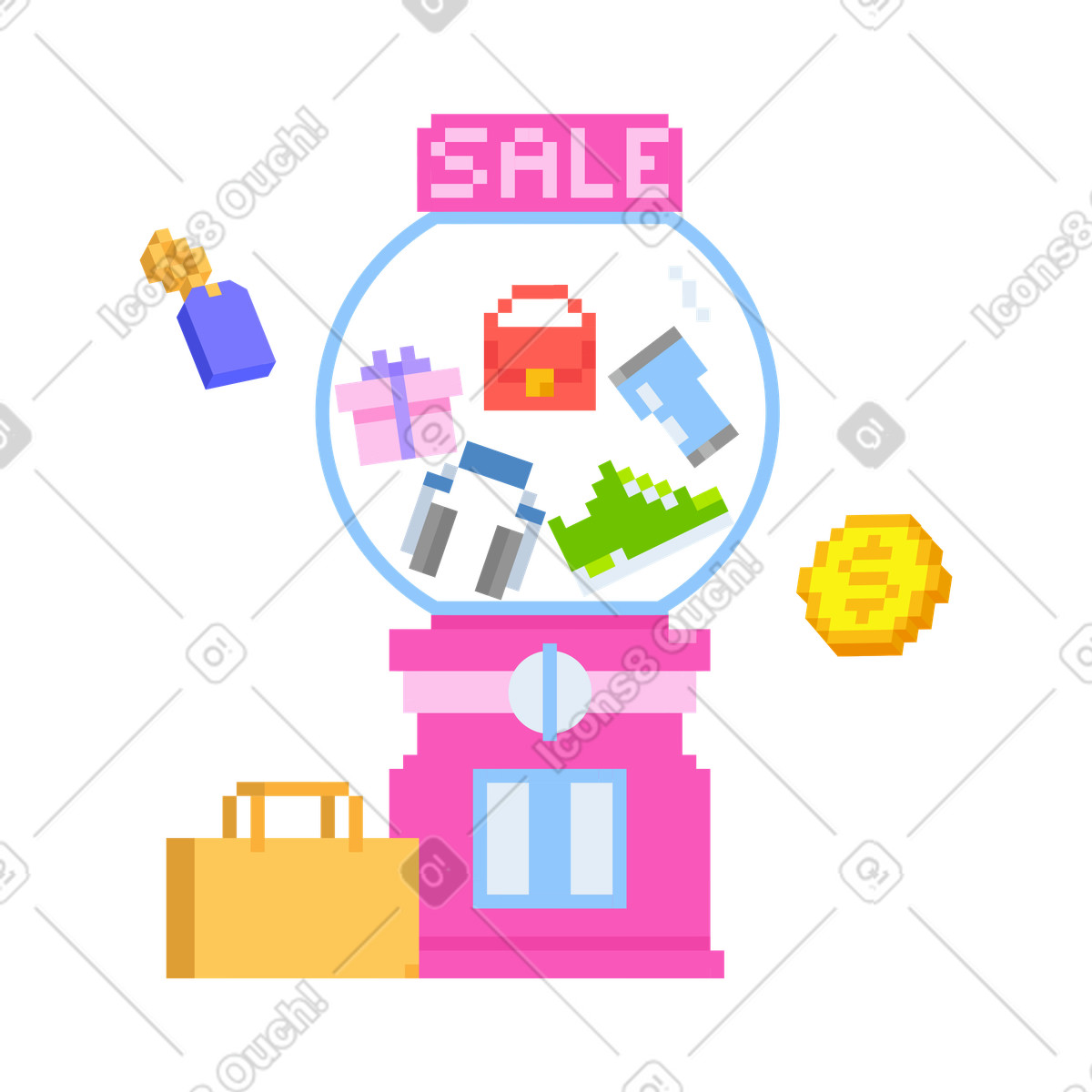下载 8bit 风格的 带购物袋和商品的分配机 插画，支持 PNG、SVG 格式