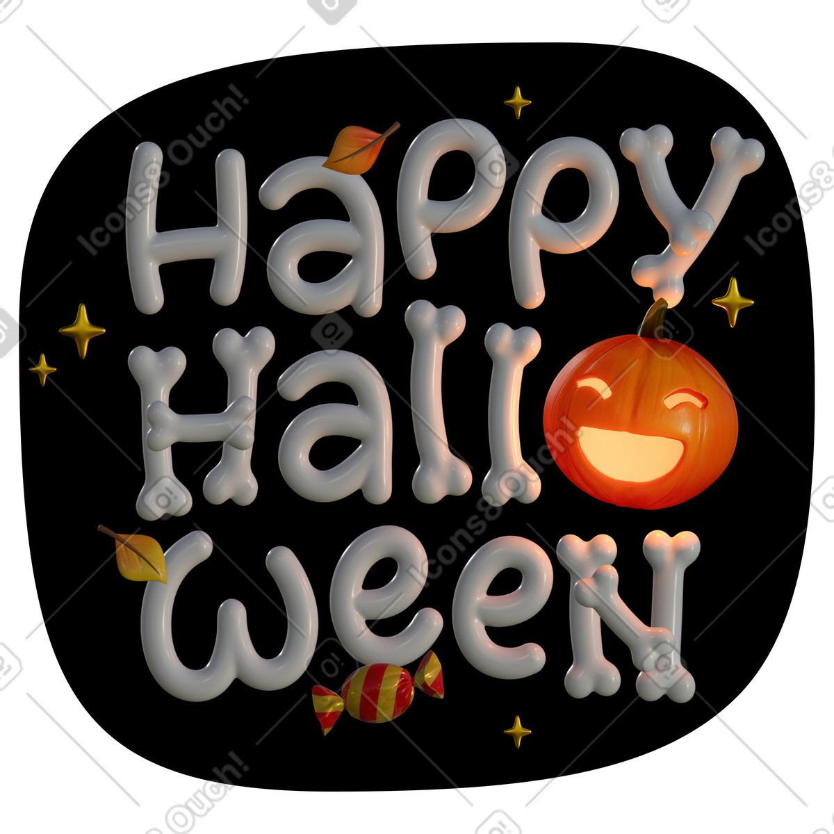 Lettering 3d happy halloween con zucca e caramelle illustrazione in stile scarica in PNG, SVG