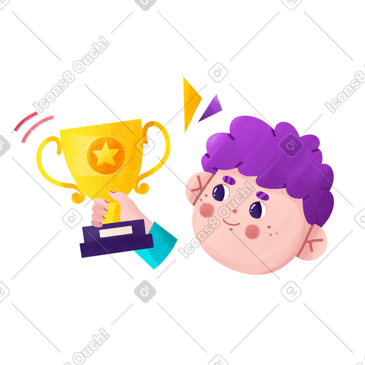 Cheerful child holding trophy, Achievement and success celebration illustration in Bonbon style download in PNG, SVG