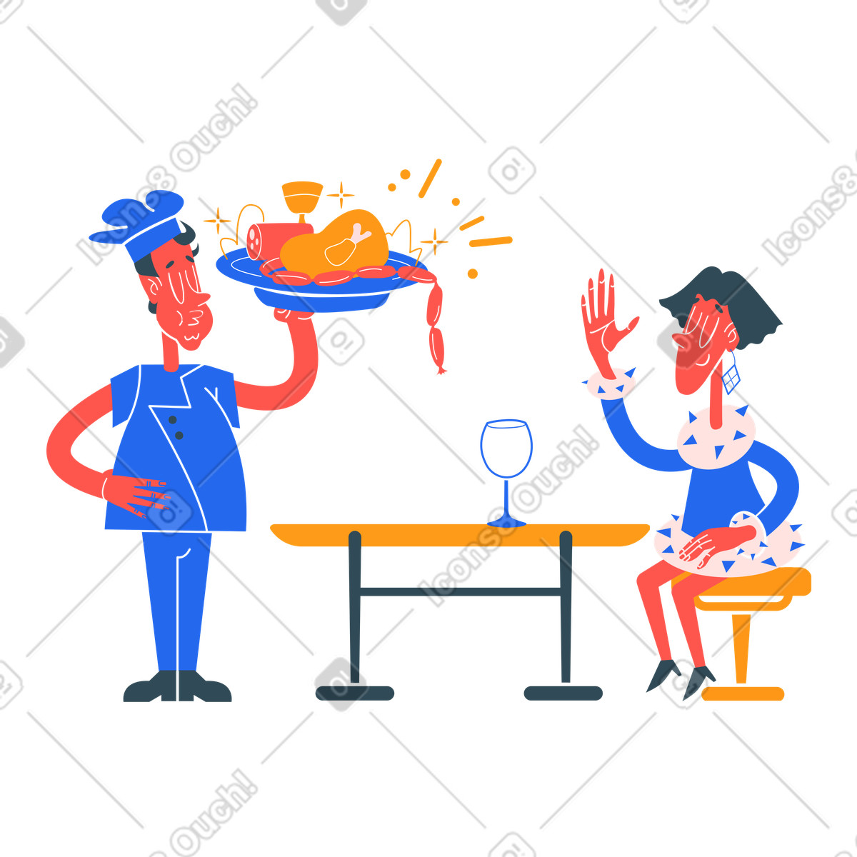 Lo chef serve la cena a un uomo al ristorante illustrazione in stile Kingdom scarica in PNG, SVG