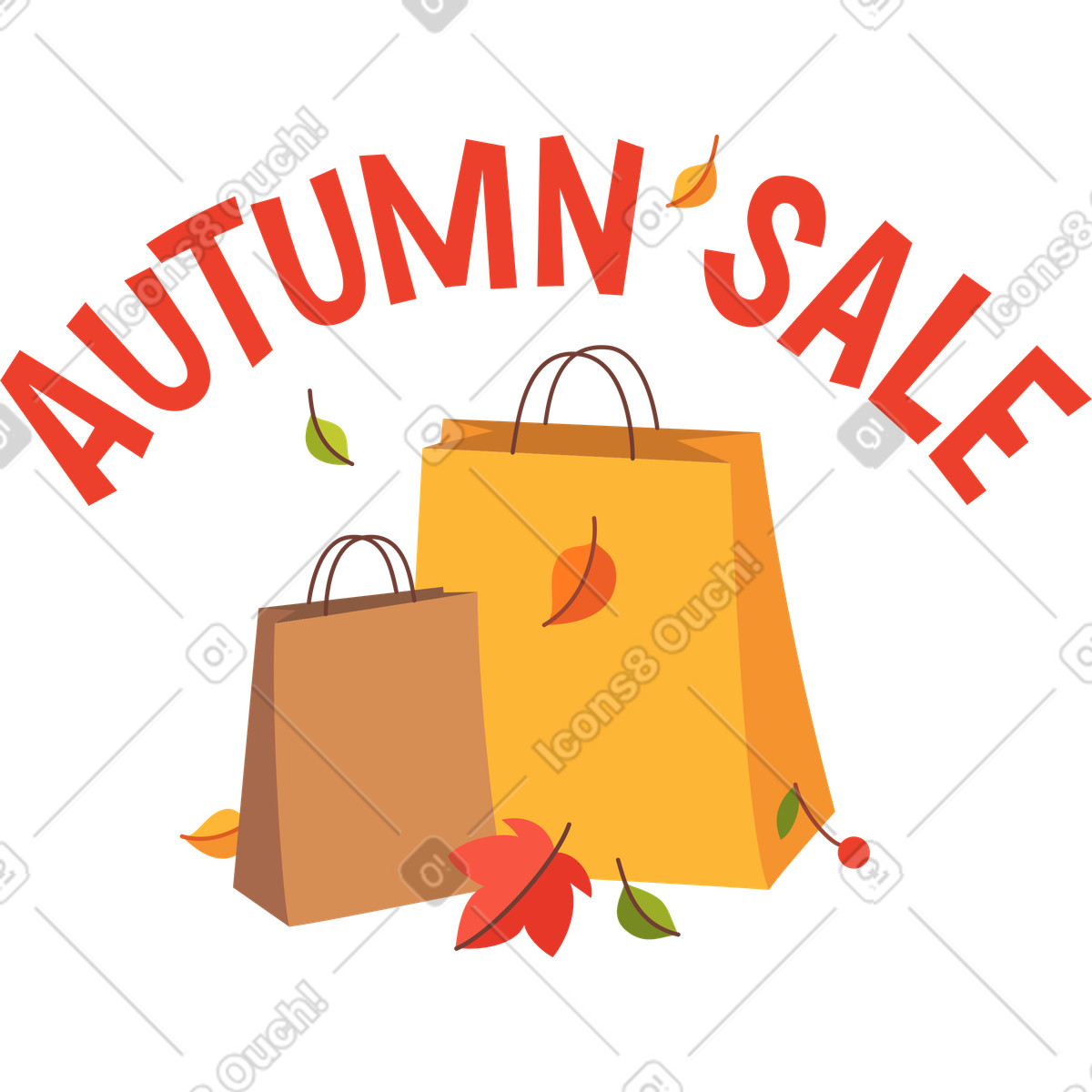 Ilustración Venta de otoño letras con bolsas compras y texto hojas en estilo Lettering a descargar en PNG SVG