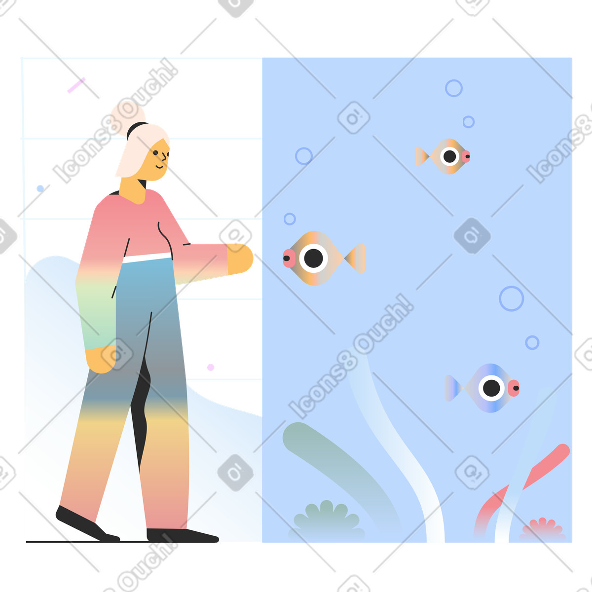 Ilustración Niña, el mirar, pez, en, acuario en estilo Marginalia a descargar en PNG y SVG
