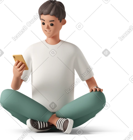 3D young man sitting cross legged and looking at smartphone PNG, SVG