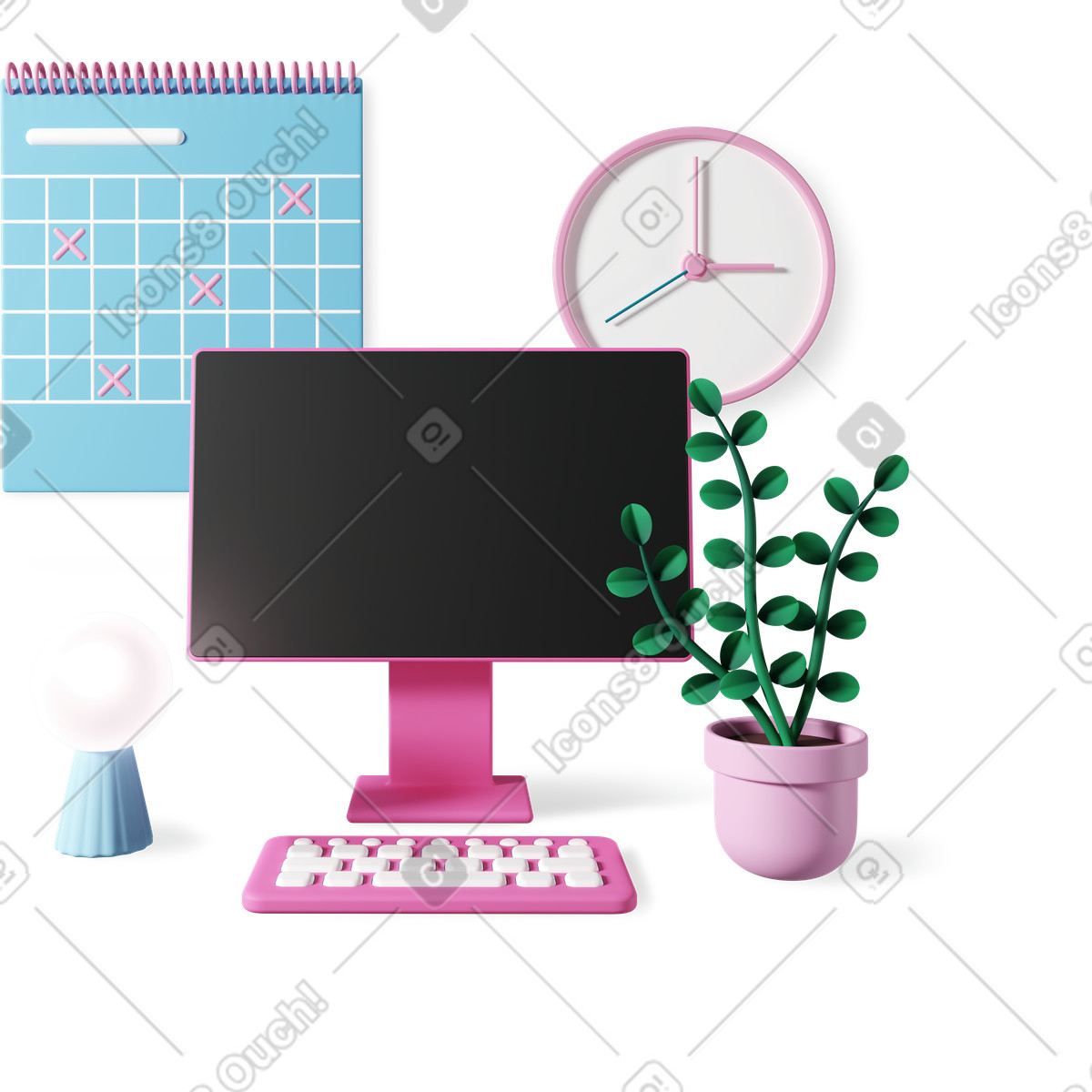 Posto di lavoro con composizione informatica illustrazione in stile 3D Plastic people scarica in PNG, SVG