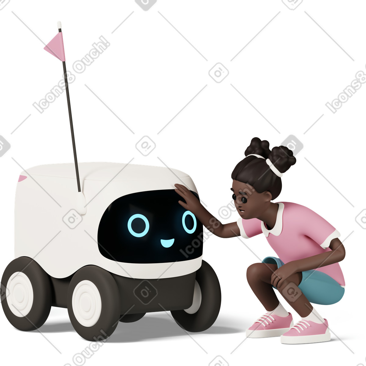 3D Casual life 스타일의 Girl patting delivery robot 일러스트레이션 PNG, SVG 다운로드