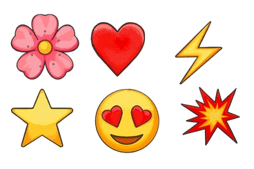 Colorful emojis including a flower, heart, star, and more - Dots style illustration