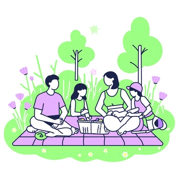 A family is sitting on a checkered picnic blanket spread out on the grass in a garden. The family includes two adults and two children, all smiling and engaging with one another. The adults are wearing casual summer clothes. The children are playing with a frisbee nearby. There is a wicker basket filled with food items like sandwiches and fruit next to them. Surrounding the picnic area, there are various flowers with different shapes and sizes, creating a vibrant and lively atmosphere. In the background, a few trees provide shade, with sunlight filtering through the branches.