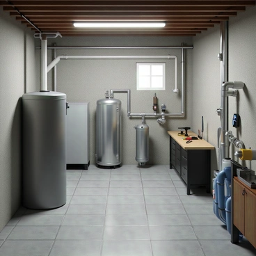 A basement in a home with concrete walls and a tiled floor. There is a large, cylindrical water heater in a corner, featuring a shiny metal exterior. Connected to the water heater is a complex heat exchanger system with pipes and valves made of stainless steel. The area is well-lit with overhead fluorescent lights, illuminating various tools and a workbench nearby. A small window near the ceiling allows natural light to filter in, casting shadows on the floor.