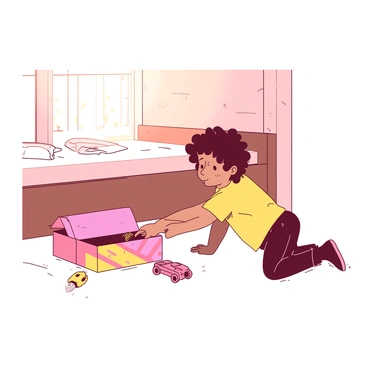 A young child with curly brown hair is kneeling beside a bed, stretching out their small hand towards a colorful box that is partially hidden beneath the bed. The box is decorated with bright patterns and appears exciting. Soft light is filtering into the room, creating a warm ambiance as it peeks through the cracks of the wooden bed frame. The child's expression shows curiosity and anticipation as they reach for the box, and there are a few toys scattered on the floor nearby, enhancing the playful atmosphere.