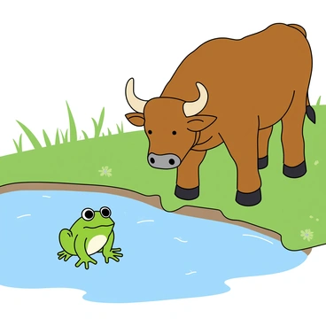 A tiny green frog with bulging eyes is puffing itself up, trying to appear larger. The frog is sitting at the edge of a tranquil pond, surrounded by lush green grass and a few small flowers. Nearby, there is a large brown ox with a shiny coat, bending down to drink from the pond. The ox has sturdy horns and a calm expression on its face as it lowers its head. The water in the pond reflects the surrounding greenery, and there are a few ripples created by the ox's movement. The tiny frog looks determined as it mimics the ox's stance, with its tiny legs spread wide.