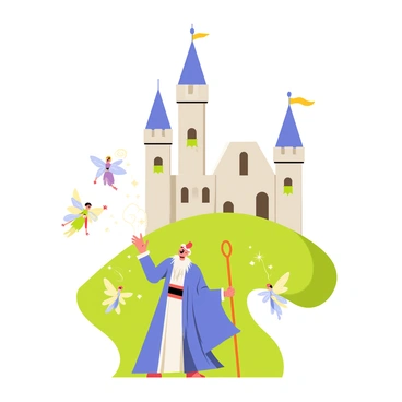 A grand castle with tall towers and arched windows sits atop a lush green hill. The castle has vibrant banners fluttering from its battlements. A wizard wearing a flowing blue robe stands at the forefront, holding a wooden staff. He is casting glowing spells that emit bright, swirling lights. Surrounding him are several small fairies with shimmering wings, fluttering gracefully in the air. The fairies have colorful outfits and are playfully interacting with each other, leaving trails of sparkles in their wake.