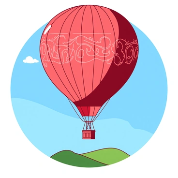 A vintage-style hot air balloon with intricate, ornate patterns in shades of red is gently floating in a clear blue sky. The balloon is beautifully detailed, featuring swirls and floral designs that add to its antique charm. Below the balloon, a small landscape of green hills is visible, creating a serene backdrop for the scene. The sun is shining brightly, illuminating the balloon and enhancing the colors of its patterns against the vibrant sky.