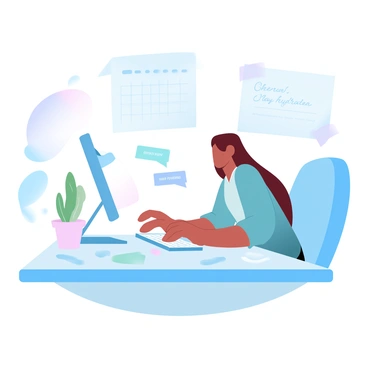 A person is sitting at a computer desk, leaning slightly forward with their hands on the keyboard. The desk is covered with various items, including a water bottle and a small potted plant. Sticky notes are scattered around, displaying reminders such as "Take a break!" and "Stay hydrated!" A bright lamp is illuminating the workspace. The computer screen is active, casting a soft glow that adds to the overall atmosphere. Behind the desk, there is a wall with a calendar and a motivational poster.