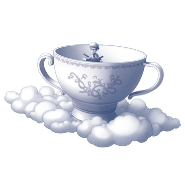 A giant teacup is floating on a sea of fluffy clouds, its surface smooth and glossy. The teacup is adorned with intricate designs, featuring swirling patterns and delicate floral motifs. Inside the teacup, a tiny person stands confidently at the helm, gripping a large wooden steering wheel. This person is wearing a small captain's hat, adding to their adventurous appearance. The clouds all around are billowing and soft, creating an expansive, dreamlike atmosphere. The teacup appears to glide effortlessly through the clouds, suggesting movement and exploration in this whimsical scene.
