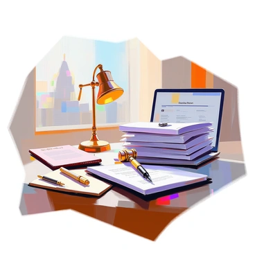 A stack of important legal documents neatly arranged on a polished wooden lawyer's desk. The documents are mostly white with typed text and some highlighted sections. A black fountain pen is placed on top of the stack, hinting at recent activity. Beside the stack, there is a leather-bound notebook with a gold emblem and a sleek laptop partially open, displaying a legal webpage. The desk also holds a small desk lamp with a brass finish, casting a warm glow over the scene. A window in the background reveals a glimpse of a city skyline, adding context to the setting.