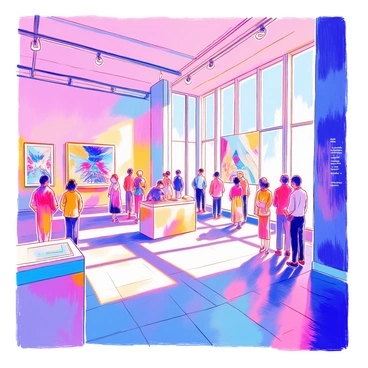 An art gallery interior features sleek, modern architecture with polished concrete floors and high ceilings. Soft, diffused lighting illuminates the space. Holographic artworks are displayed on walls and pedestals, showcasing vibrant colors and dynamic patterns. Visitors are scattered throughout the gallery, some admiring the holograms while others engage in conversation. Large windows allow natural light to filter in, adding to the contemporary atmosphere. A minimalist reception desk is positioned near the entrance, featuring a digital information screen about the exhibits.