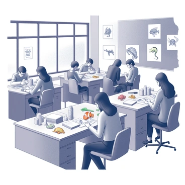 A marine biology laboratory filled with students engaged in their studies. Various students are seated at workstations, each focused on illustrating different fish and sea creatures. One student is sketching a detailed image of a clownfish, while another is drawing a vibrant octopus. On the tables, there are open books, scientific illustrations, and marine specimens. The walls of the lab are adorned with posters of different marine species, enhancing the educational atmosphere. Natural light filters in through large windows, illuminating the busy environment.