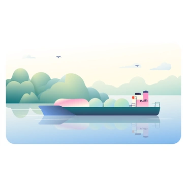 A fuel barge is emerging from the morning mist on a wide, tranquil river. The barge is painted in shades of deep green and dark blue, with large storage tanks visible on its deck. The water reflects the soft light of the early morning, creating a gentle shimmer across the surface. The surrounding banks of the river are lined with lush trees, partially obscured by the mist. A few distant birds are flying low over the water, their silhouettes barely visible against the foggy background. The atmosphere feels calm and serene as the barge slowly makes its way down the river.