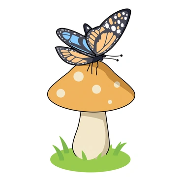 A delicate butterfly with colorful wings is resting on the cap of a small, round mushroom. The butterfly's wings display intricate patterns in shades of blue, orange, and black. The mushroom has a smooth, white cap with light brown spots, and it stands on a patch of bright green grass. The scene is filled with soft sunlight filtering down, casting gentle shadows around the butterfly and mushroom. Small blades of grass surround the mushroom, adding to the natural setting.