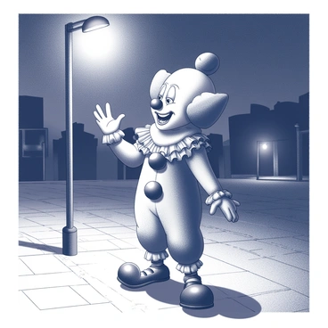 A clown with exaggerated features, including a large red nose, oversized shoes, and a wide grin, is standing under a dim streetlight. The light casts elongated shadows on the ground, enhancing the eerie atmosphere. The clown wears a colorful costume with large, bulbous patterns and ruffles. The surrounding environment is an empty street, with brick pavement and faint outlines of buildings in the background. The night sky is visible above, adding to the overall unsettling feeling of the scene.